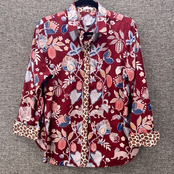 Chicos Womens Button Up Blouse Size 8 Or 1 Maroon Floral Jaguar Print Boho Artsy - Picture 1 of 15